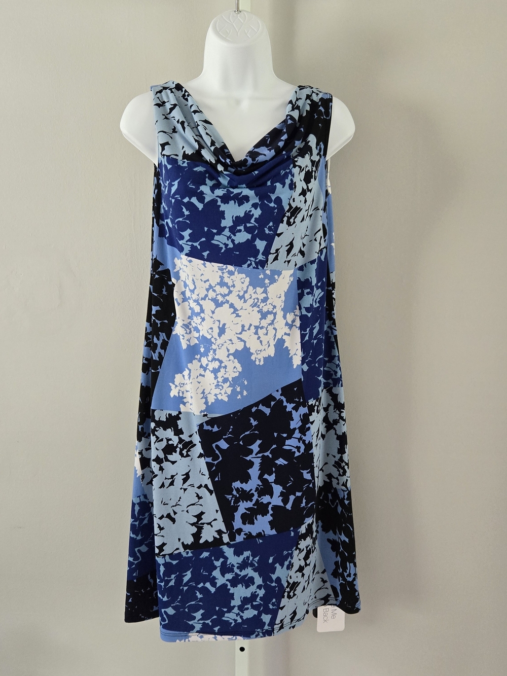Blue Patchwork Cowl-Neck Midi Dress with Floral Blocks
